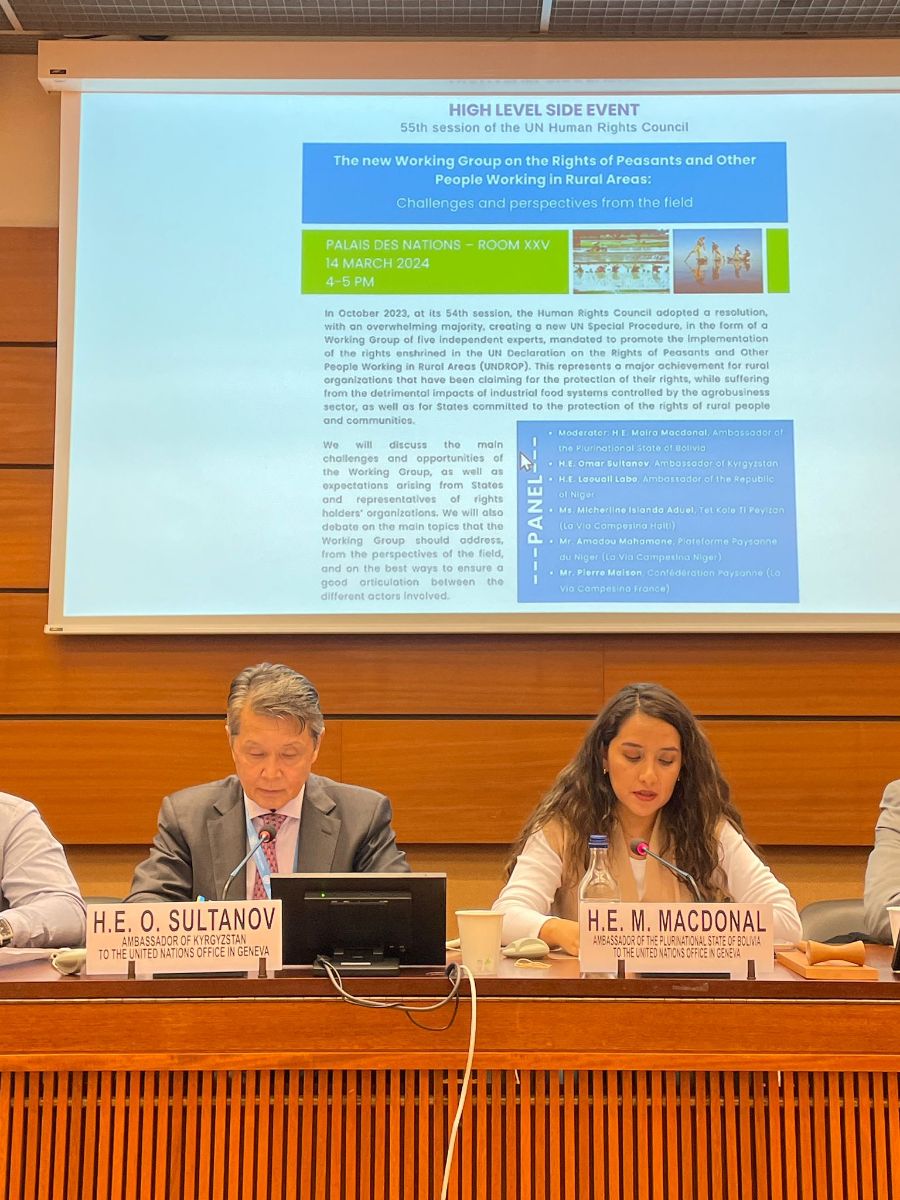 The Permanent Mission of the Kyrgyz Republic to the UN and other international organizations in Geneva, together with the missions of Bolivia, Niger, Luxembourg, Cuba, Gambia and South Africa, held a side event at the Palais des Nations in Geneva dedicated to the creation of the UN Working Group on the rights of peasants and other people working in rural areas.